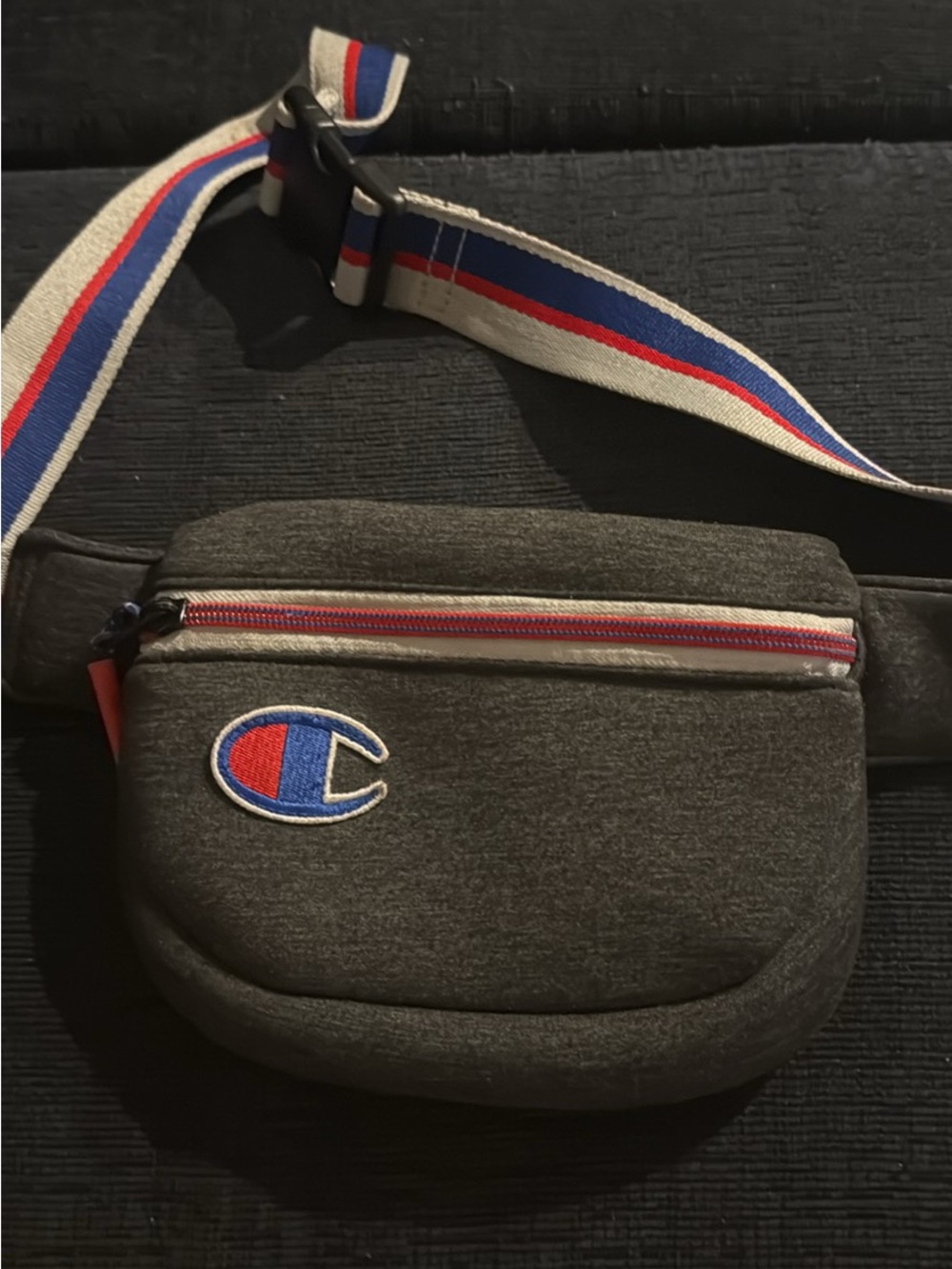 Champion Gray Crossbody Belt Bag with Red & Blue Trim